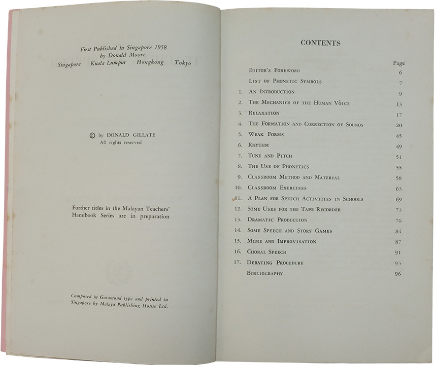 Open book showing a copyright page on the left and a table of contents on the right, published in Singapore 1958.