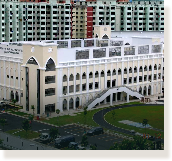 Aerial view of Convent of the Holy Infant Jesus Secondary School, a cream building with arched windows and HDB blocks behind.