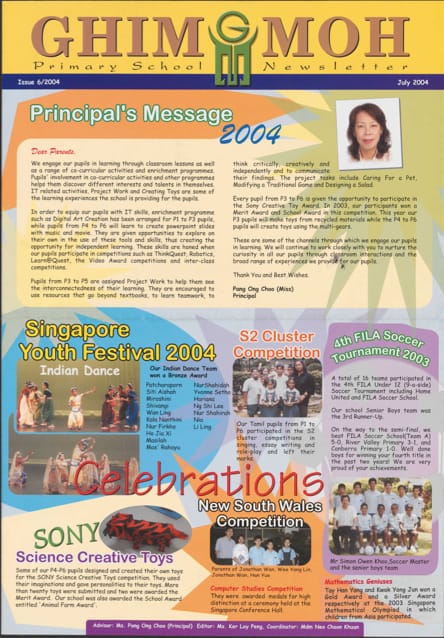 Cover of Ghim Moh Primary’s newsletter (Issue 6/2004), showcasing the various regular activities and events of the school.