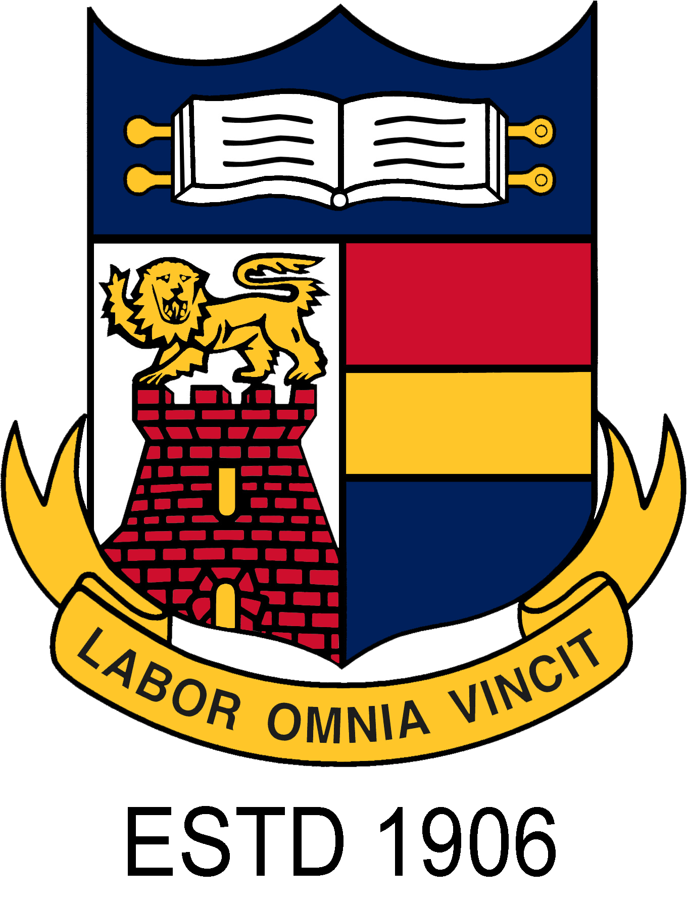 Coat of arms with a lion on a castle, open book, red and gold quarters, banner reading Labor Omnia Vincit, ESTD 1906.