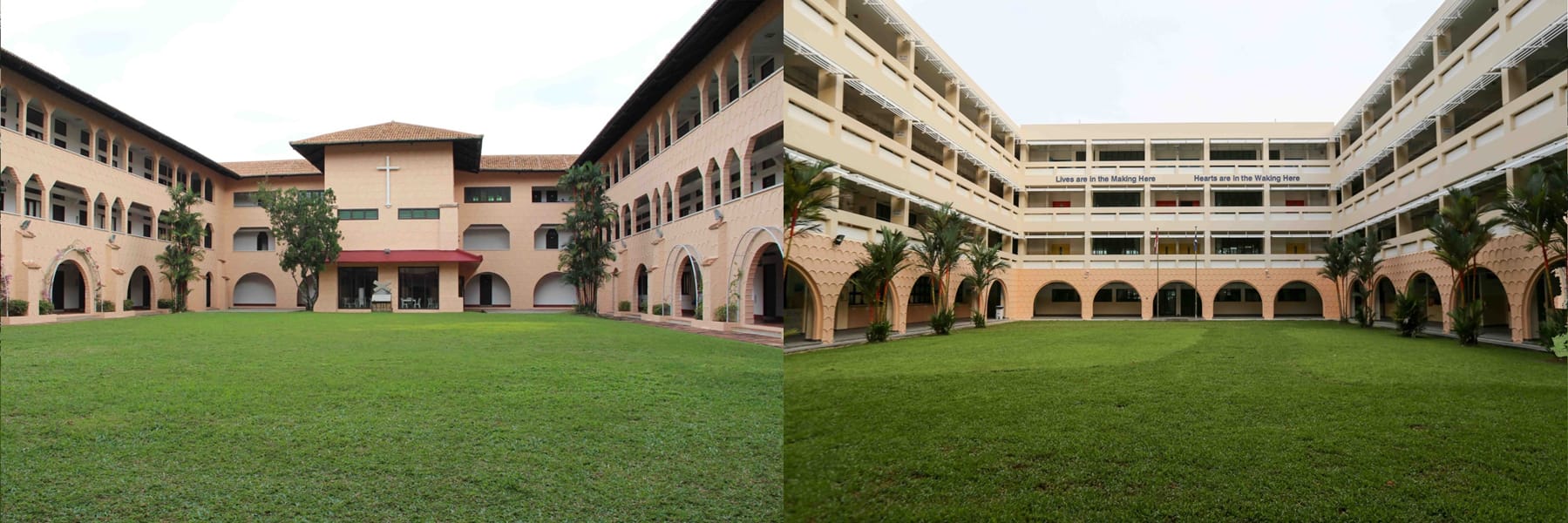 The “Old School” was officially opened in 1940 and was gazetted for conservation in 2003. The current school (right) was modelled after the old structure with a similar quadrangle (2018).