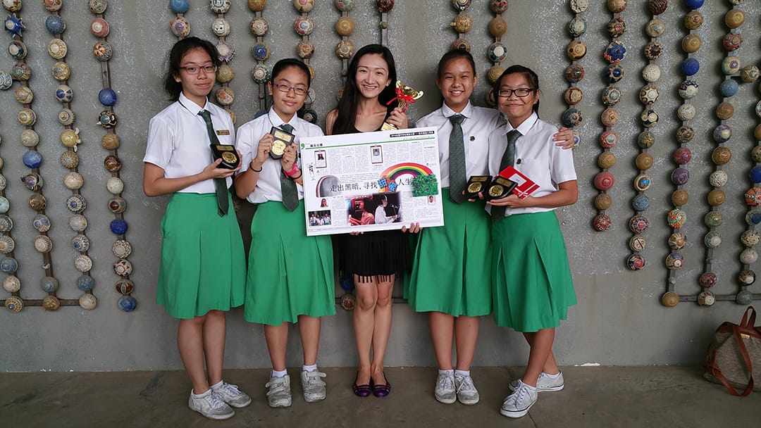 Students winning an award in 2017 for their newspaper article written as part of the  Applied Learning Programme (ALP) - Critical Social Inquiry and Media Literacy.