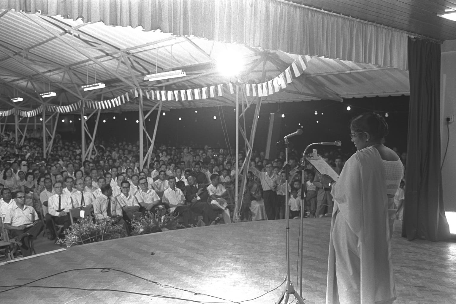 Assemblywoman for Moulmein Mrs Devan Nair addressing guests at the opening of Joo Avenue Integrated Primary School (1964). Ministry of Information and the Arts Collection, courtesy of National Archives of Singapore.