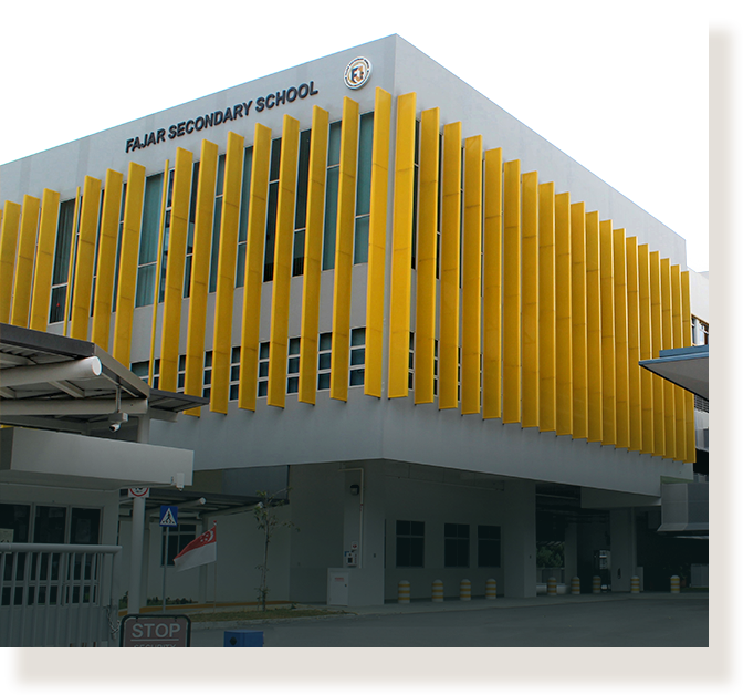 Fajar Secondary School building with bold yellow vertical fins on a white facade and a stop sign at the entrance.