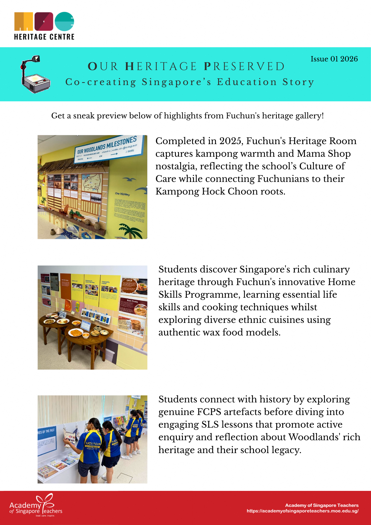 Newsletter titled Our Heritage Preserved about Fuchun school heritage gallery, featuring three photos and descriptive text.