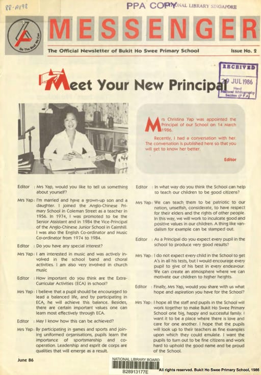 Bukit Ho Swee Primary School newsletter (June 1986).