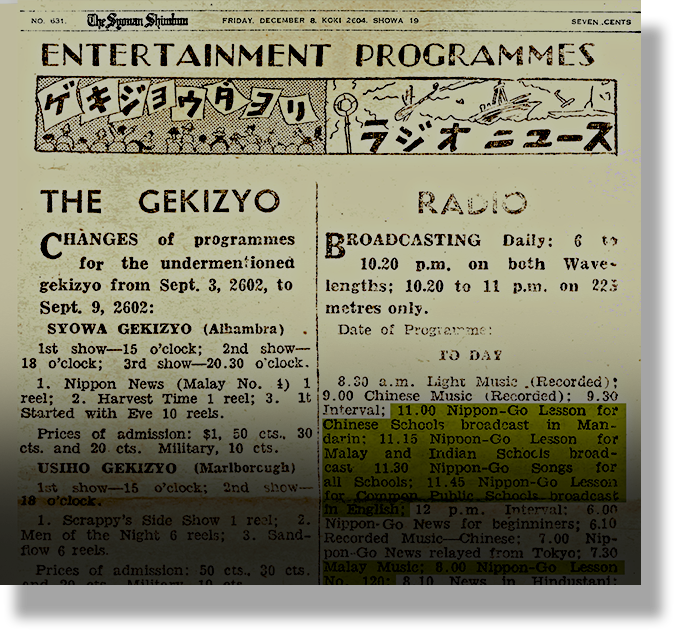 Old newspaper page titled Entertainment Programmes with Japanese text, listing Gekizyo theatre and Radio broadcasting schedules.