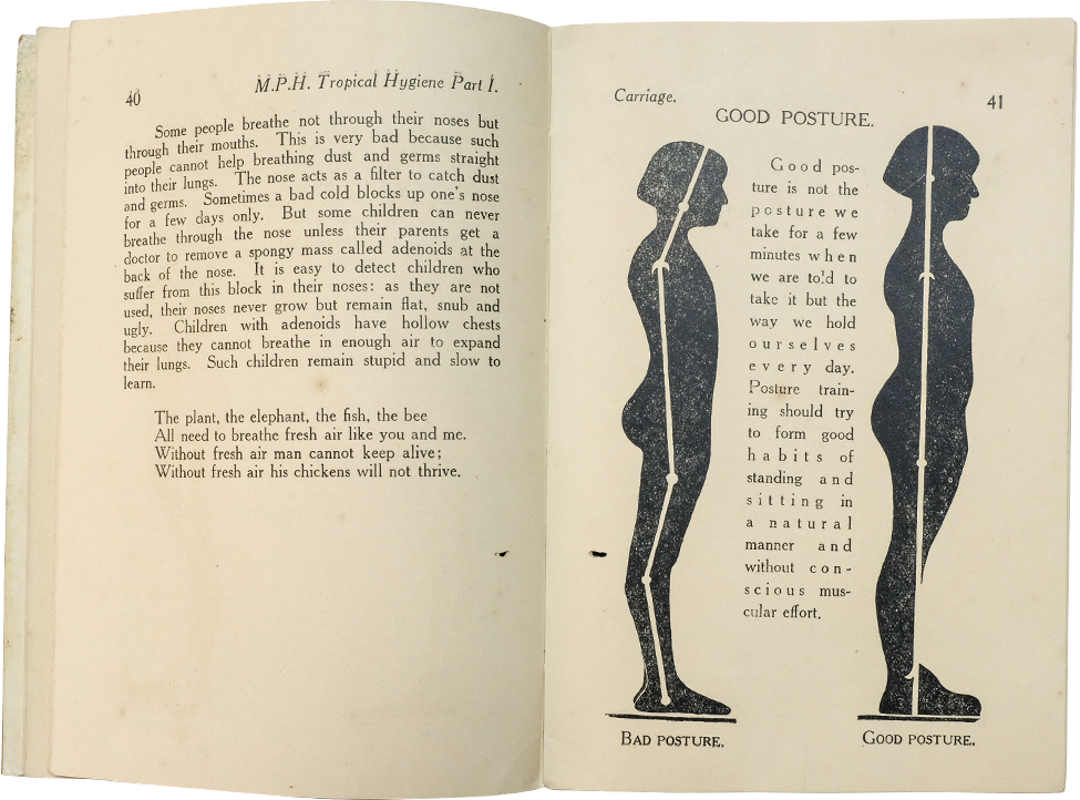 Open book showing pages 40-41 of M.P.H. Tropical Hygiene, with silhouettes comparing bad and good posture.