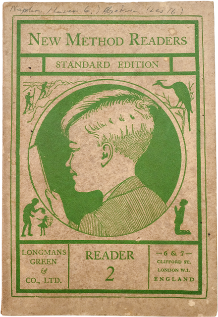 Vintage green and tan cover of New Method Readers Standard Edition Reader 2, showing a boy's profile in a circle.