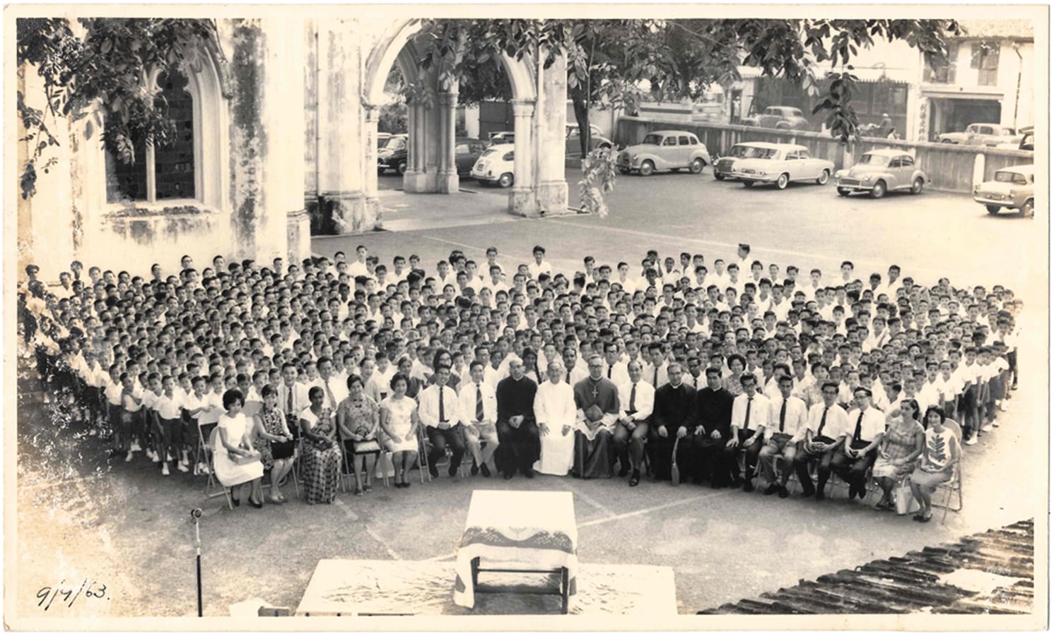 The entire school community in the 1950s - staff and students – gathered in front of St Joseph's Church (Victoria Street) next to the school then known as St Anna's School.