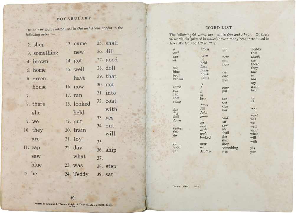 Open book showing a numbered vocabulary list on the left and an alphabetical word list on the right.