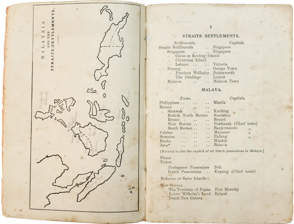 An open old book showing a hand-drawn map of Malaysia on the left and a list of Straits Settlements and Malaya on the right.