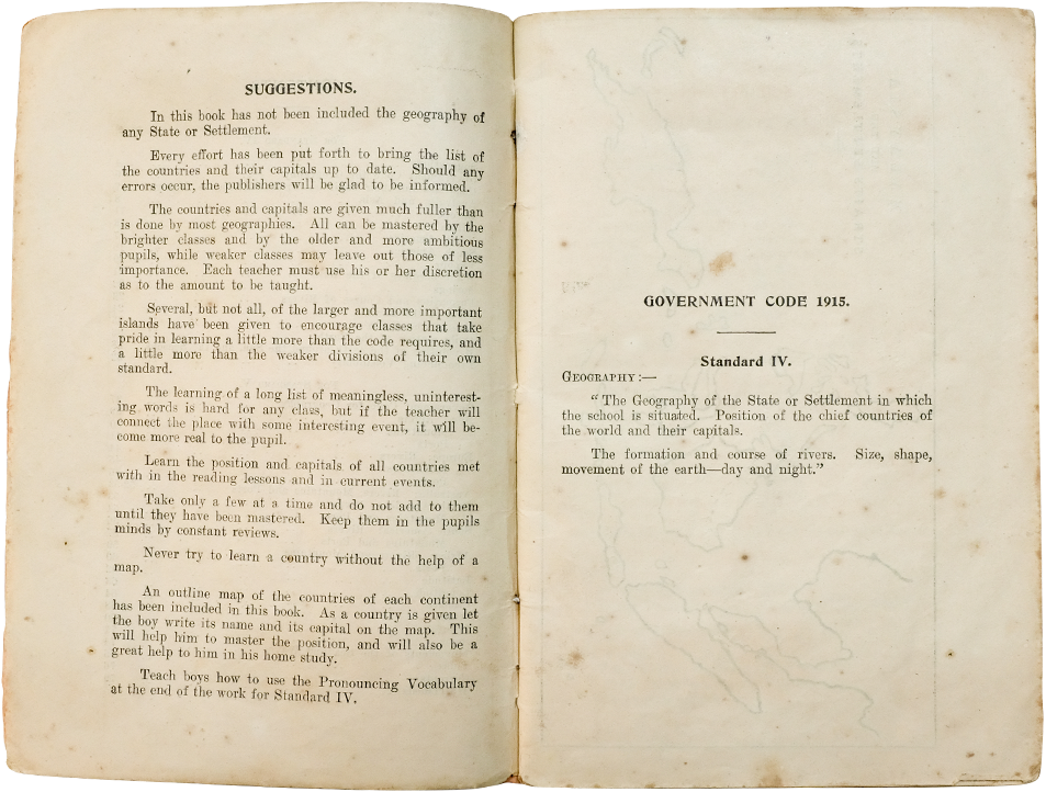 An open aged book showing a Suggestions page on the left and Government Code 1915 Standard IV on the right.