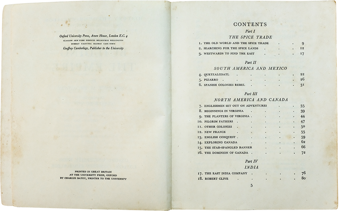Open book showing a table of contents with four parts covering the Spice Trade, South America, North America, and India.