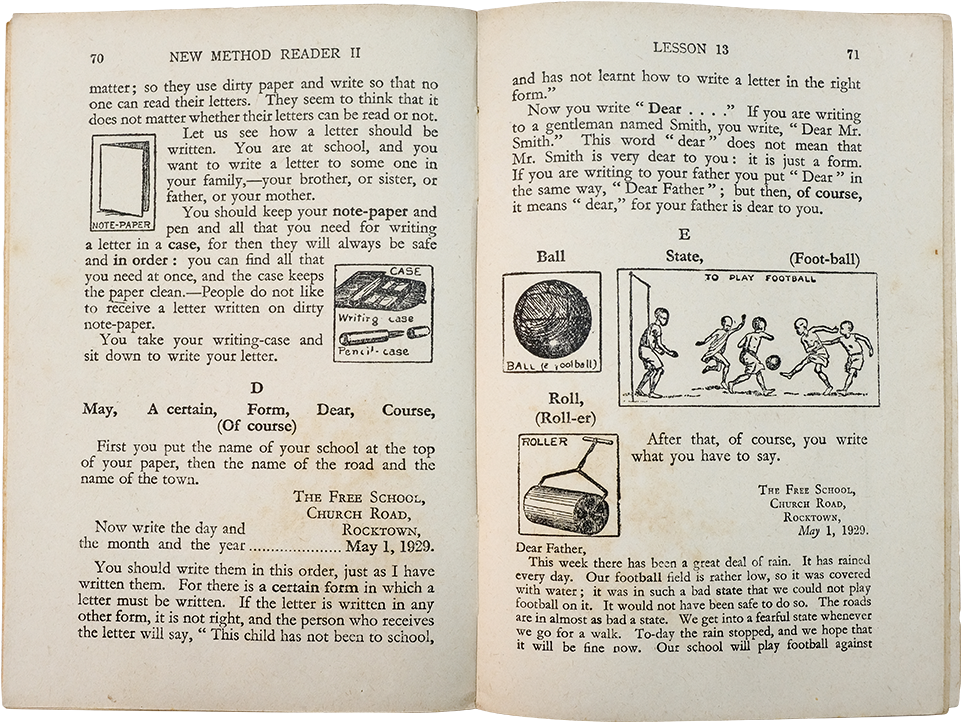 Open pages 70 and 71 of New Method Reader II showing text and small drawings of note-paper, a case, a ball, and boys playing football.