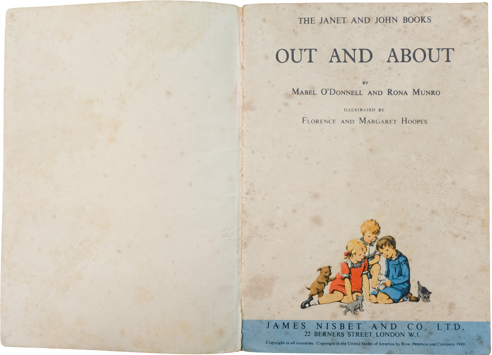 Open book showing the title page of "Out and About" from The Janet and John Books, with three children and pets illustrated.