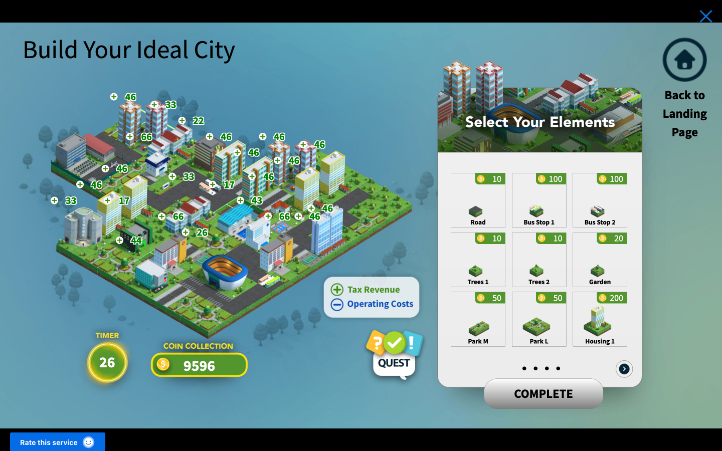 City-building game screen showing an isometric city map with a element selection panel and coin collection of 9596.