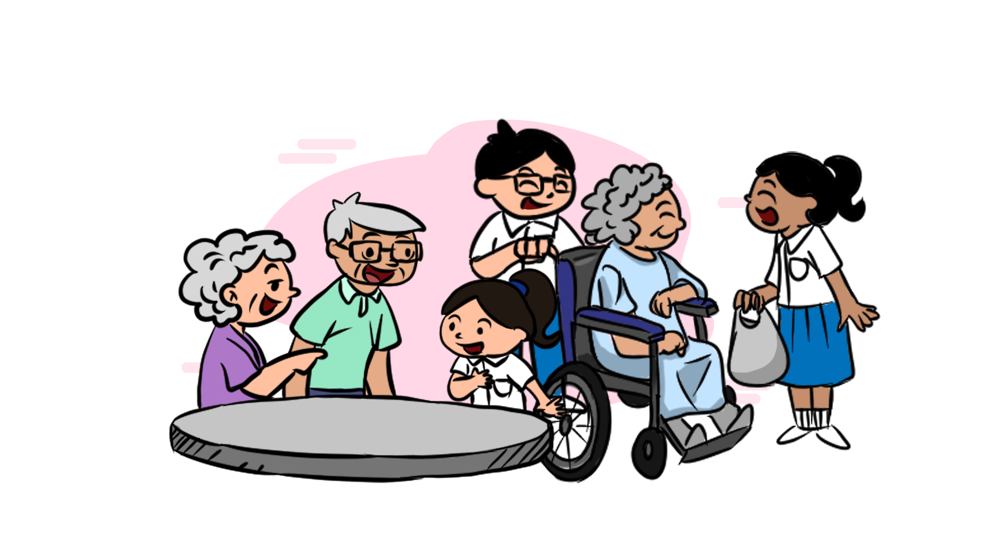 Cartoon of elderly and young people gathered around a wheelchair user near a circular ramp, all smiling.