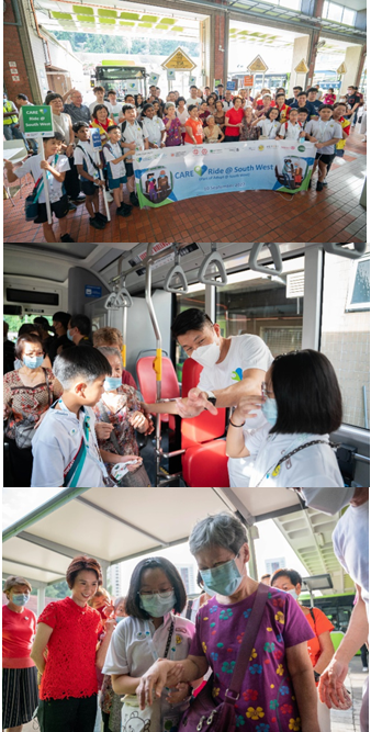 A large group poses with a banner, then people interact inside a bus, and helpers assist elderly riders at a bus stop.