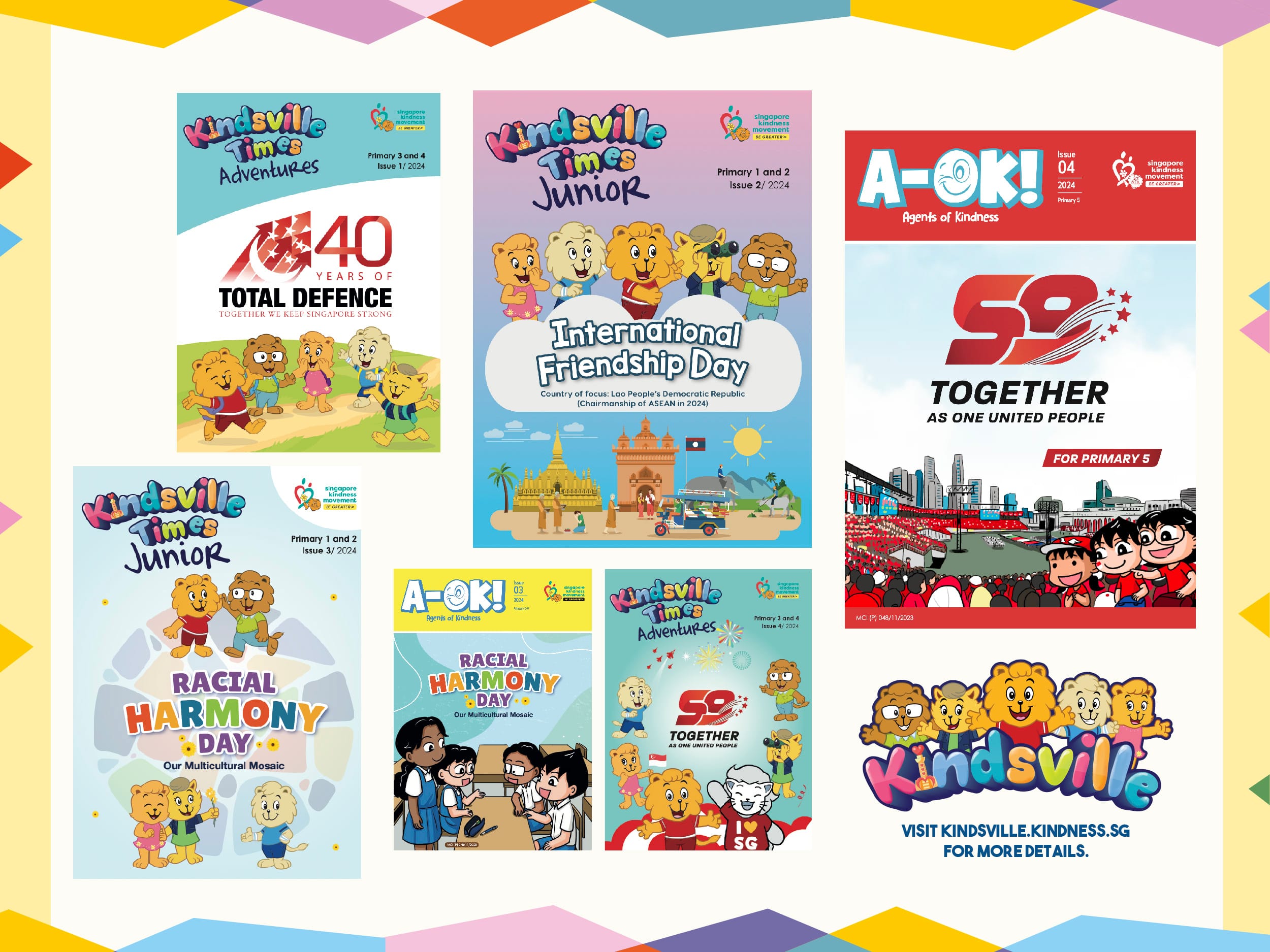 Six colorful Kindsville Times and A-OK children's magazine covers featuring cartoon bear characters on various themes.