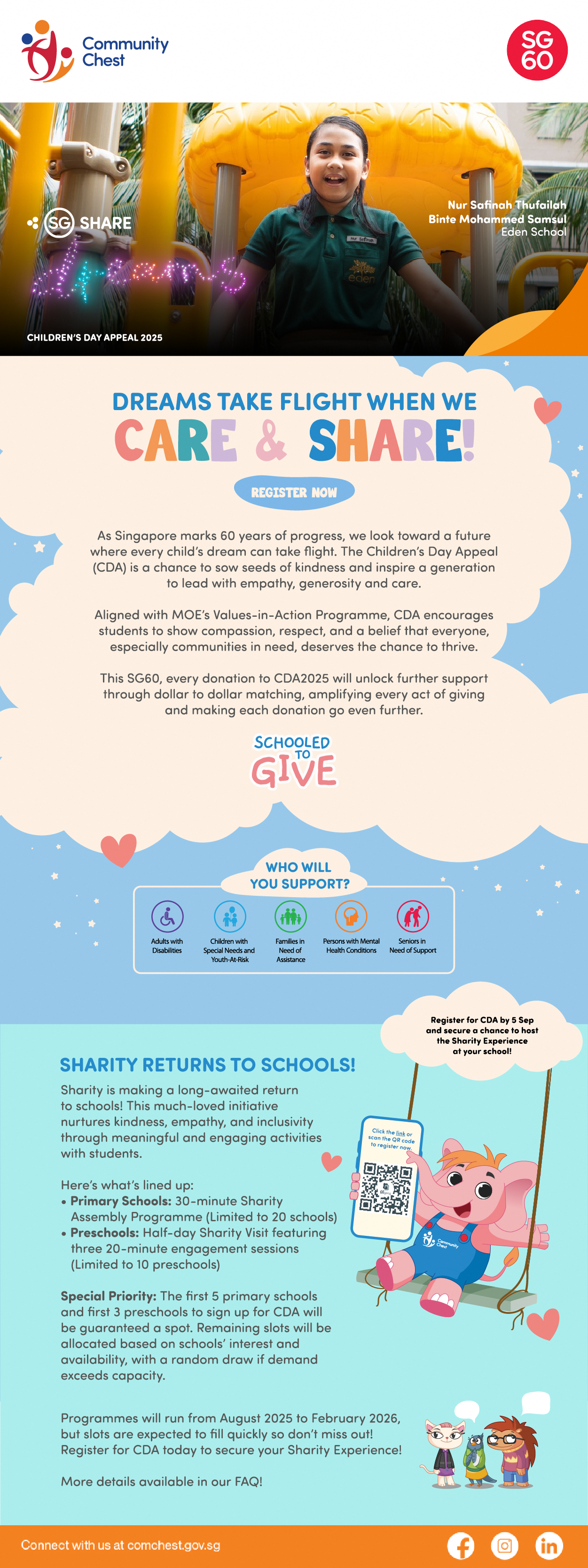 Community Chest Children's Day Appeal 2025 flyer featuring a smiling girl and cartoon elephant mascot.