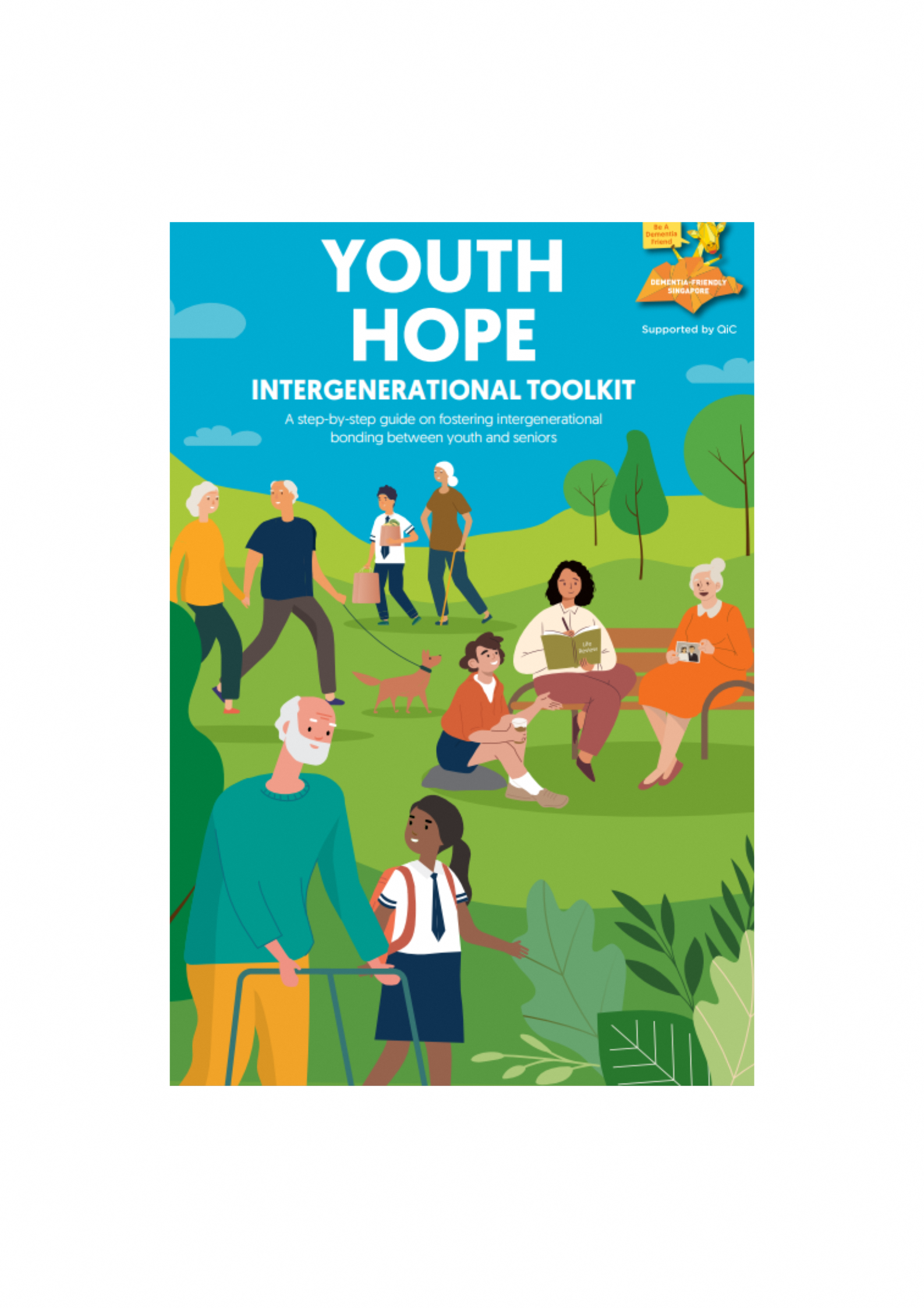 Cover of Youth Hope Intergenerational Toolkit showing illustrated youth and elderly people interacting in a park.