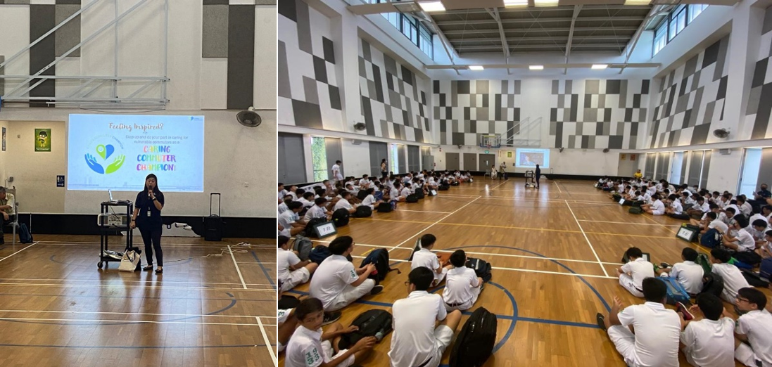 A speaker presents to students seated on a gym floor, with a projected slide reading "Caring Counter Champions."