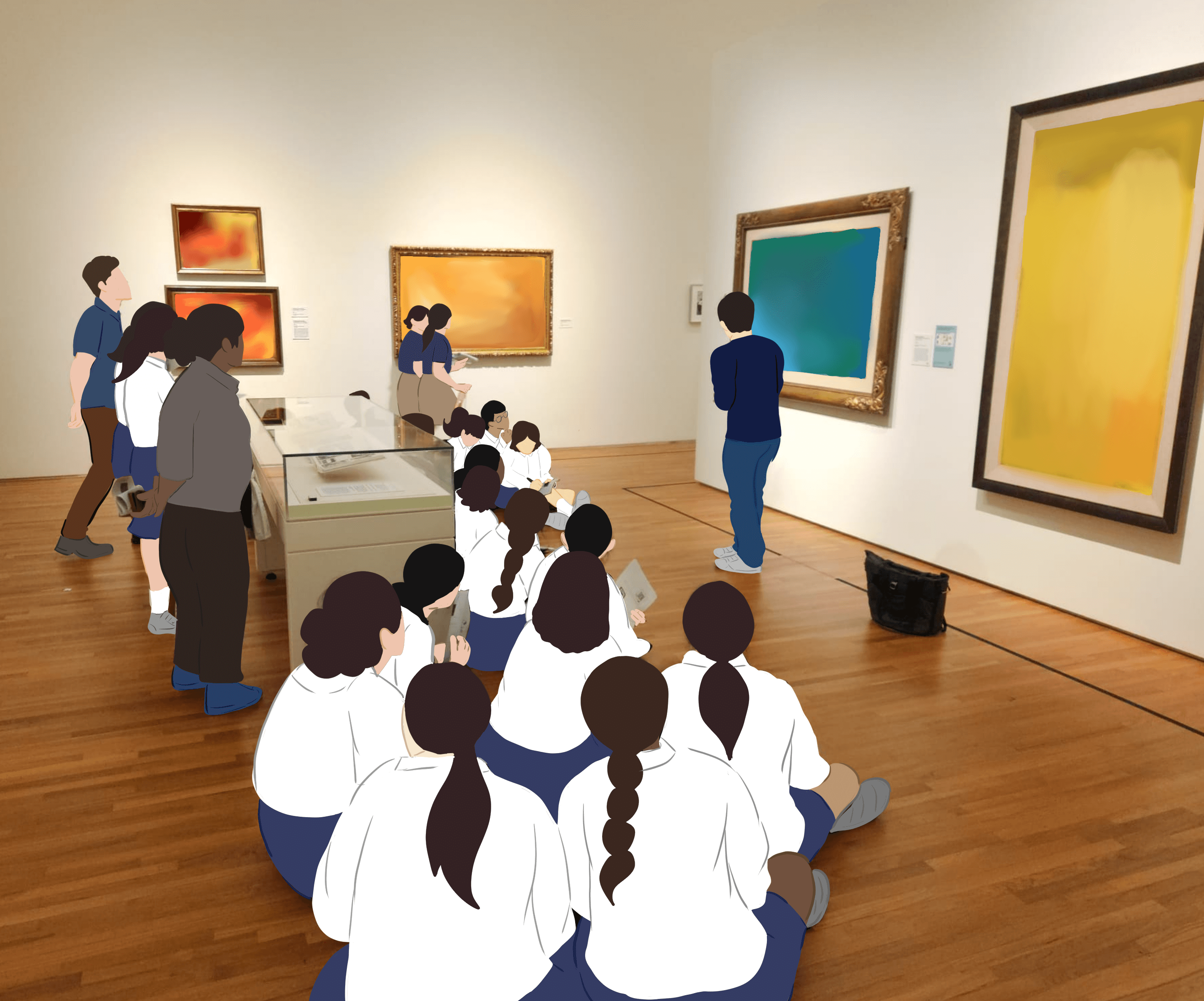 Students in white uniforms sit on a museum floor facing colorful paintings while others stand nearby viewing artwork.