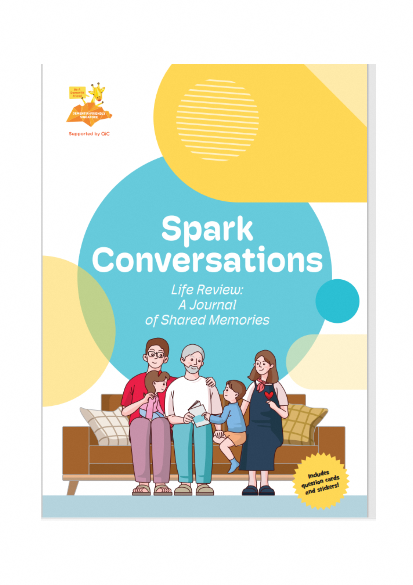 Book cover titled Spark Conversations: Life Review, A Journal of Shared Memories, showing a family around a sofa.