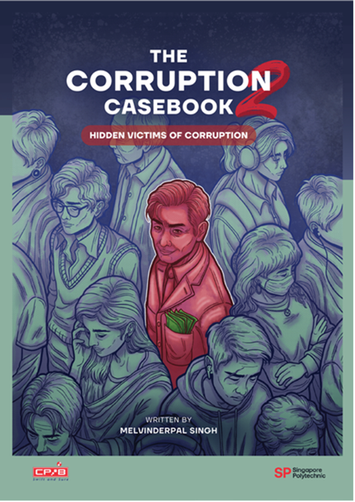 Book cover of The Corruption Casebook 2 showing a smug man holding cash surrounded by distressed people.