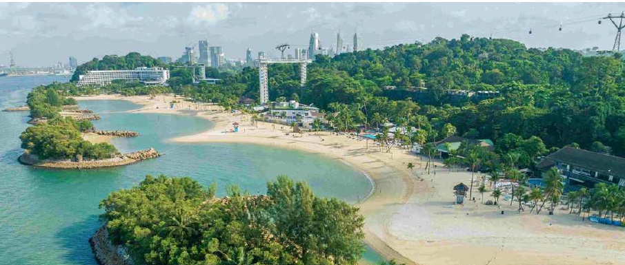 Aerial view of a tropical island with sandy beaches, turquoise water, dense green trees, and a city skyline in the background.
