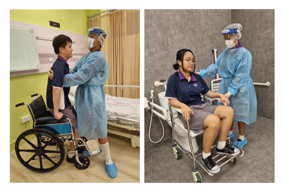 Two caregivers in PPE assist patients, one standing near a wheelchair, another seated on a shower chair in a bathroom.