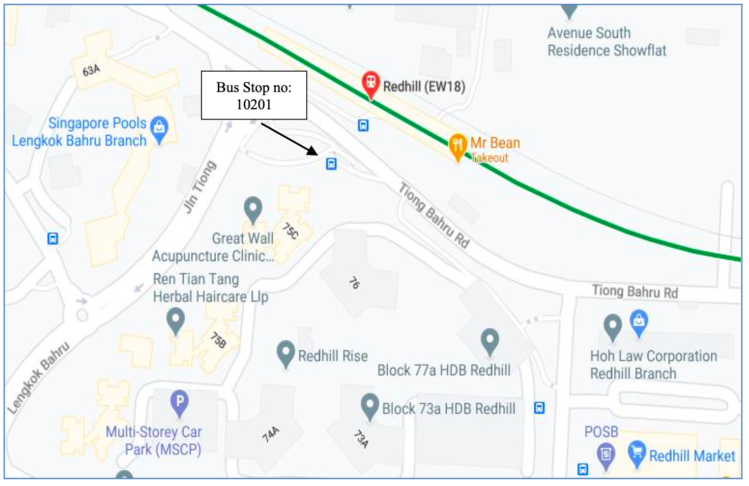 Map showing Bus Stop no. 10201 near Redhill MRT EW18 on Tiong Bahru Rd, Singapore.