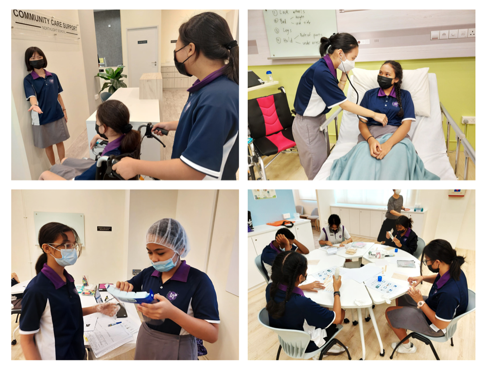 Students in navy uniforms practice healthcare skills including wheelchair assistance, patient examination, and medical tasks in a clinic setting.