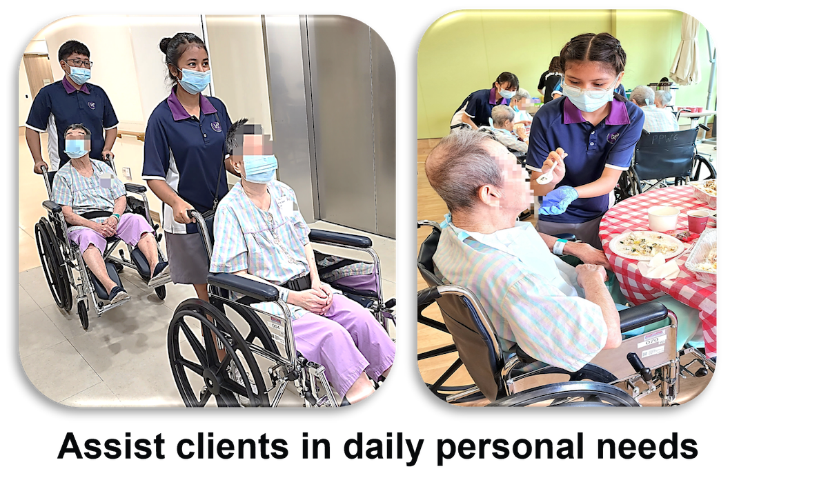 Two caregivers in masks push elderly wheelchair users; another caregiver feeds an elderly man at a dining table.