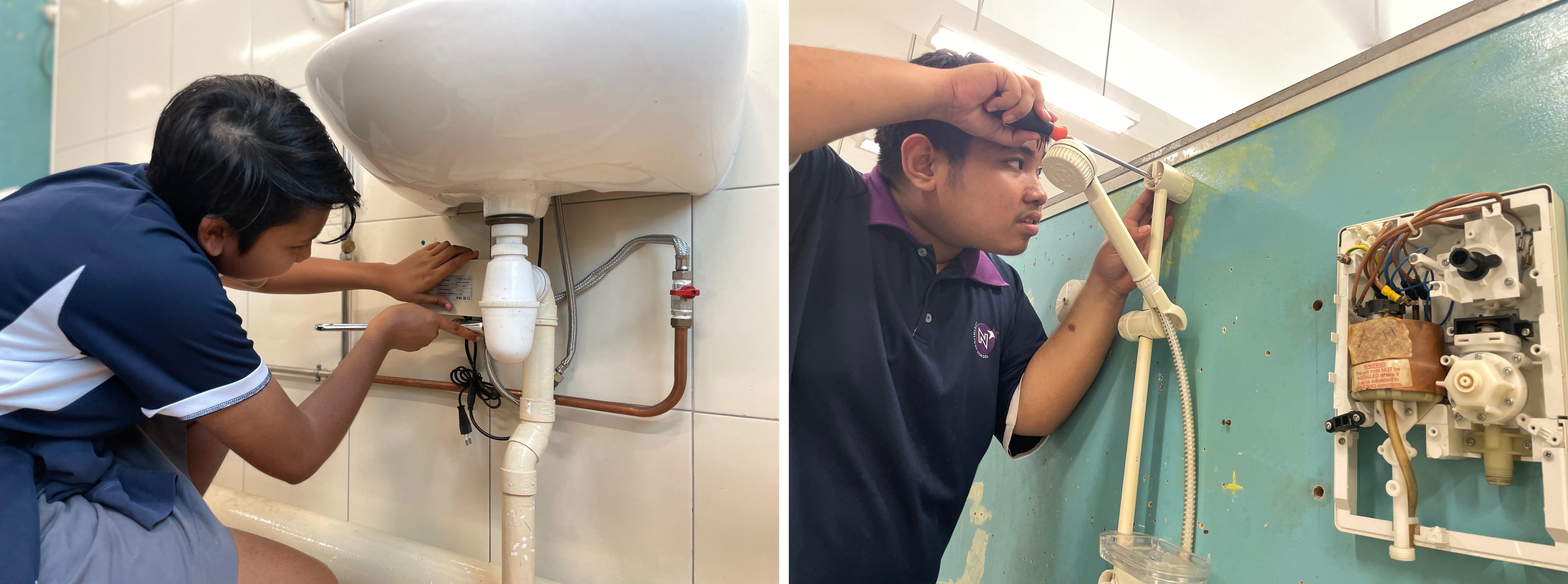 Students performing basic installation sanitary appliances