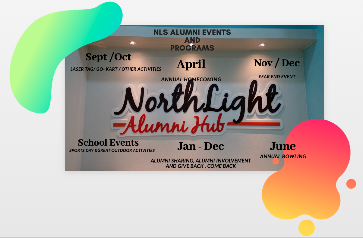 NLS Alumni Events board listing NorthLight Alumni Hub activities by month including bowling, homecoming, and school events.