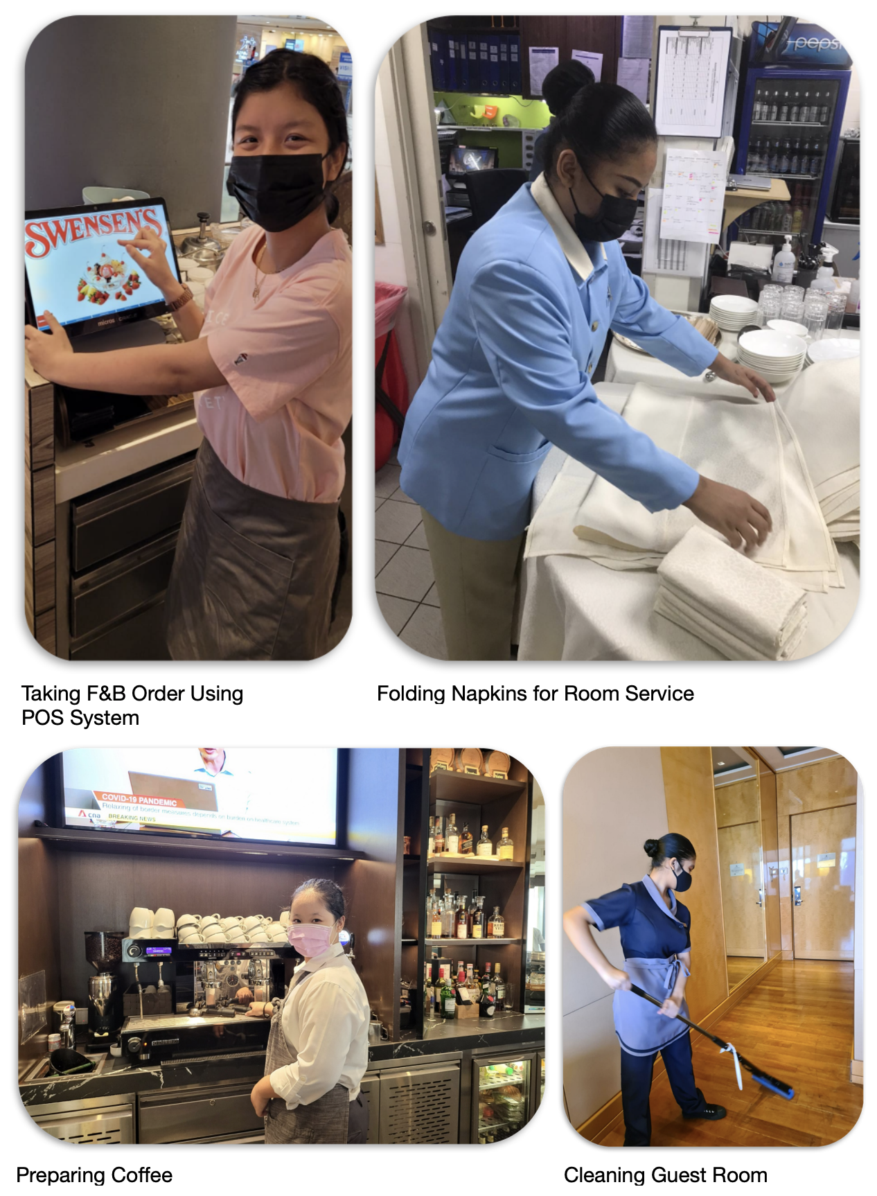 Four hotel staff wearing masks performing tasks: using a POS system, folding napkins, preparing coffee, and sweeping a guest room.