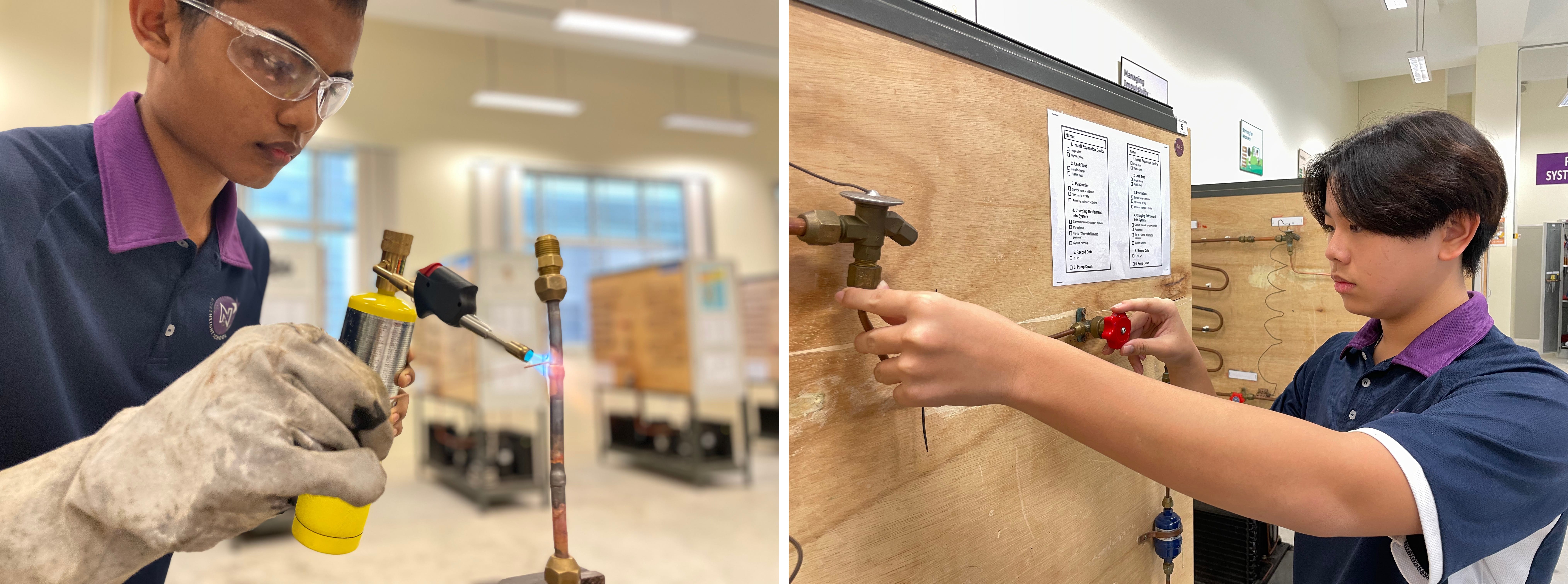 Students fabricating and installing refrigeration piping