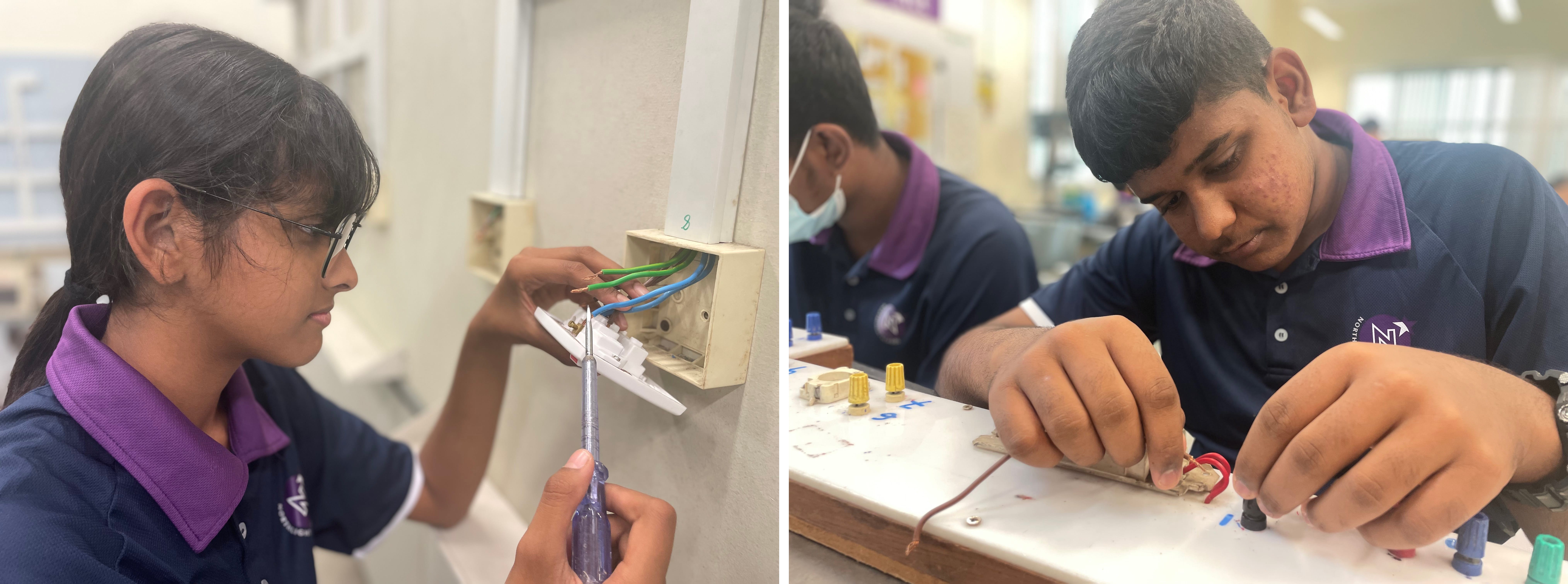 Students performing installation of electrical wiring systems