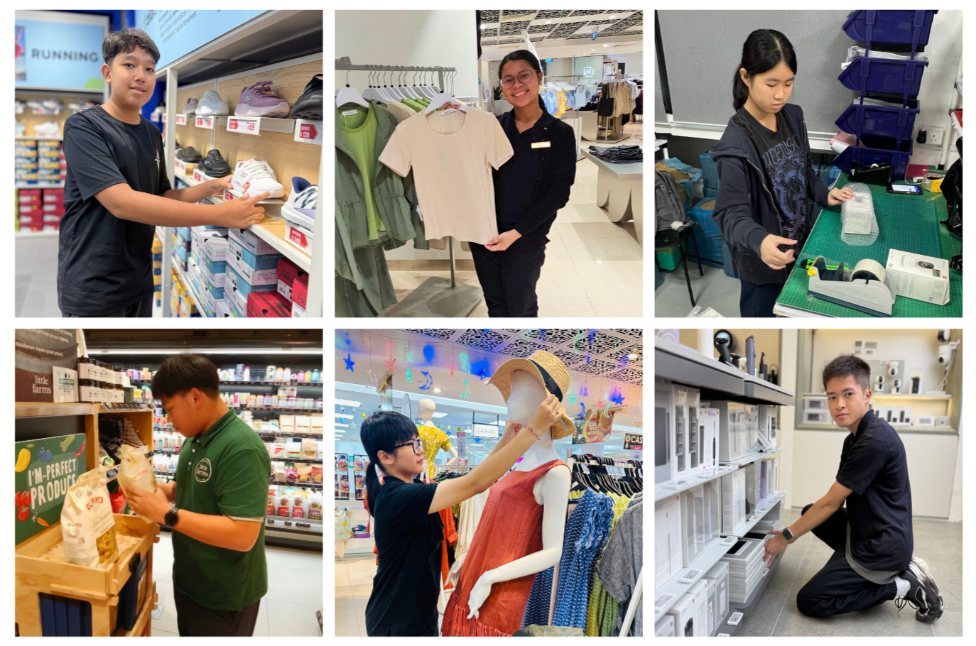 Six retail workers in various stores handling shoes, clothing, groceries, mannequins, and shelved electronics.