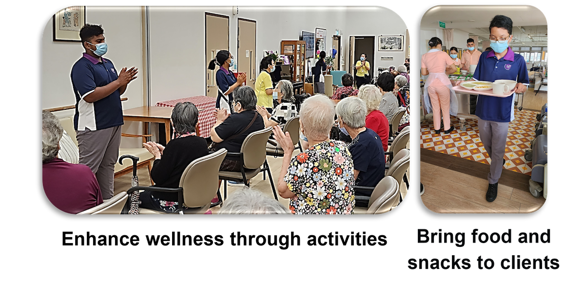 Two scenes: a caregiver leading elderly in a group activity, and a staff member carrying a food tray to clients.