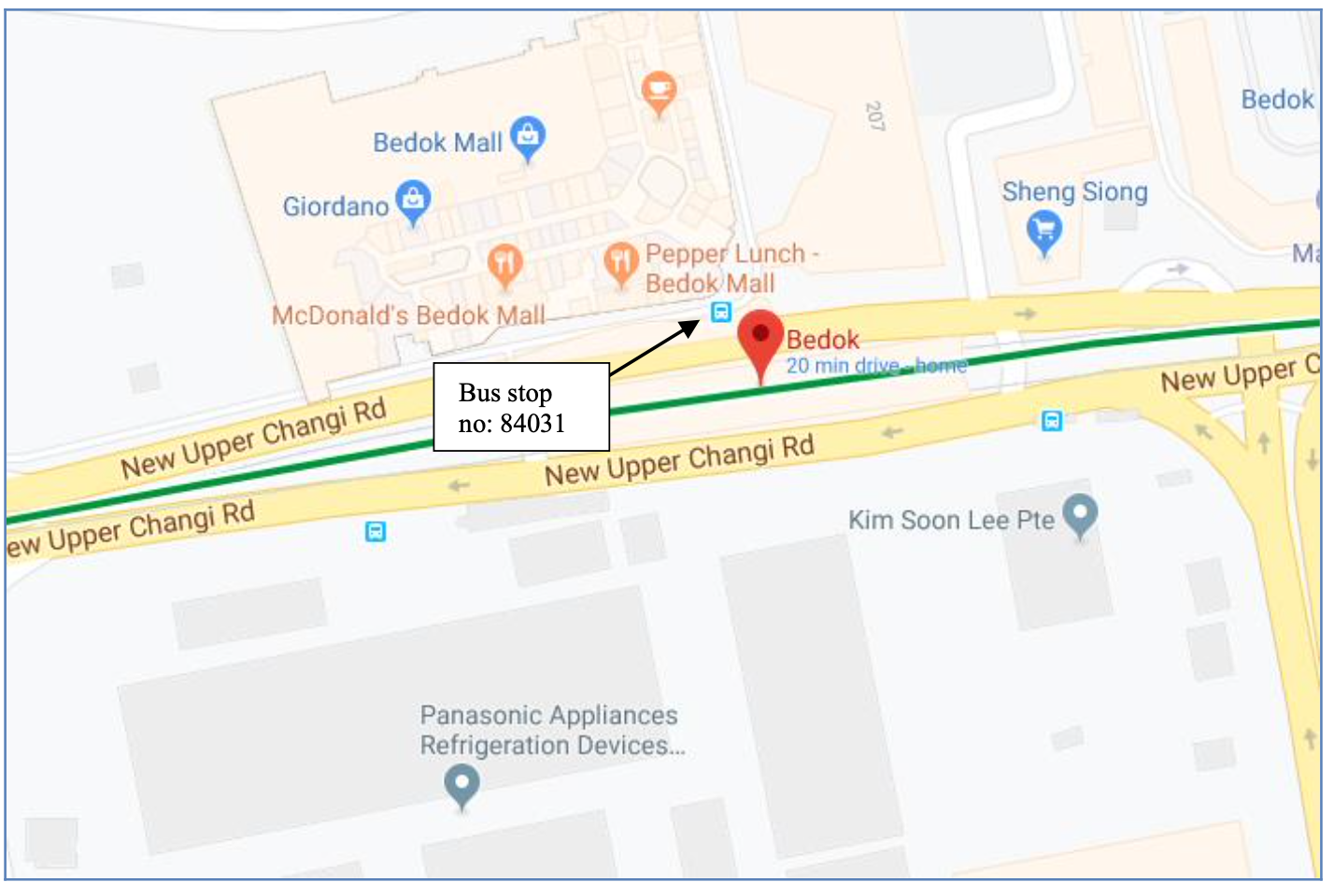 Map showing bus stop 84031 on New Upper Changi Rd near Bedok MRT and Bedok Mall.