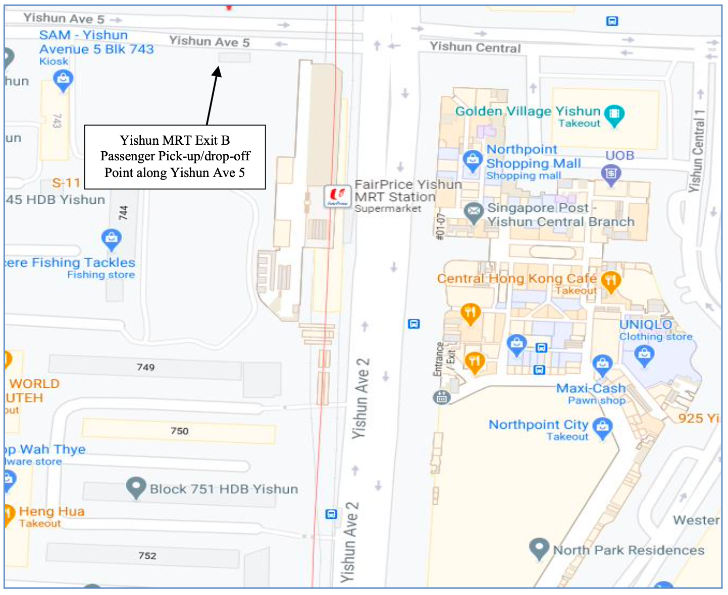 Map showing Yishun MRT Exit B passenger pick-up and drop-off point along Yishun Ave 5 near Northpoint City.
