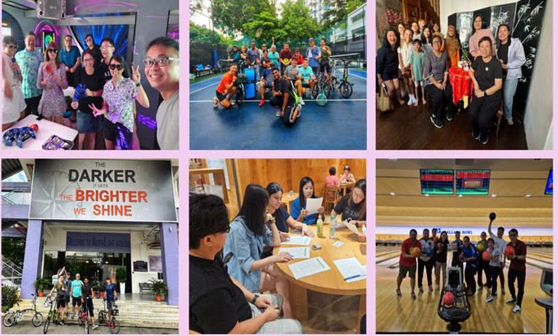 Six photos showing groups of people at a karaoke bar, tennis court, restaurant, cycling, meeting, and bowling alley.