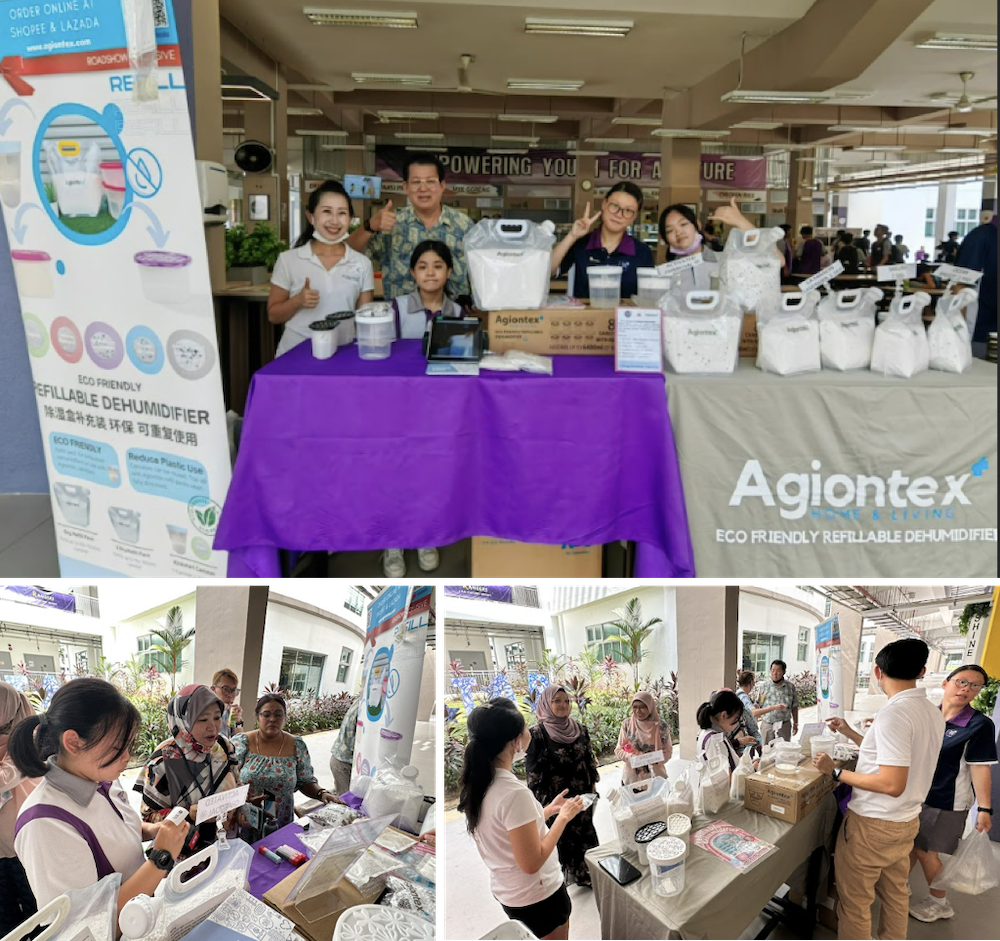 Agiontex roadshow booth promoting eco-friendly refillable dehumidifiers, with staff and customers at tables.