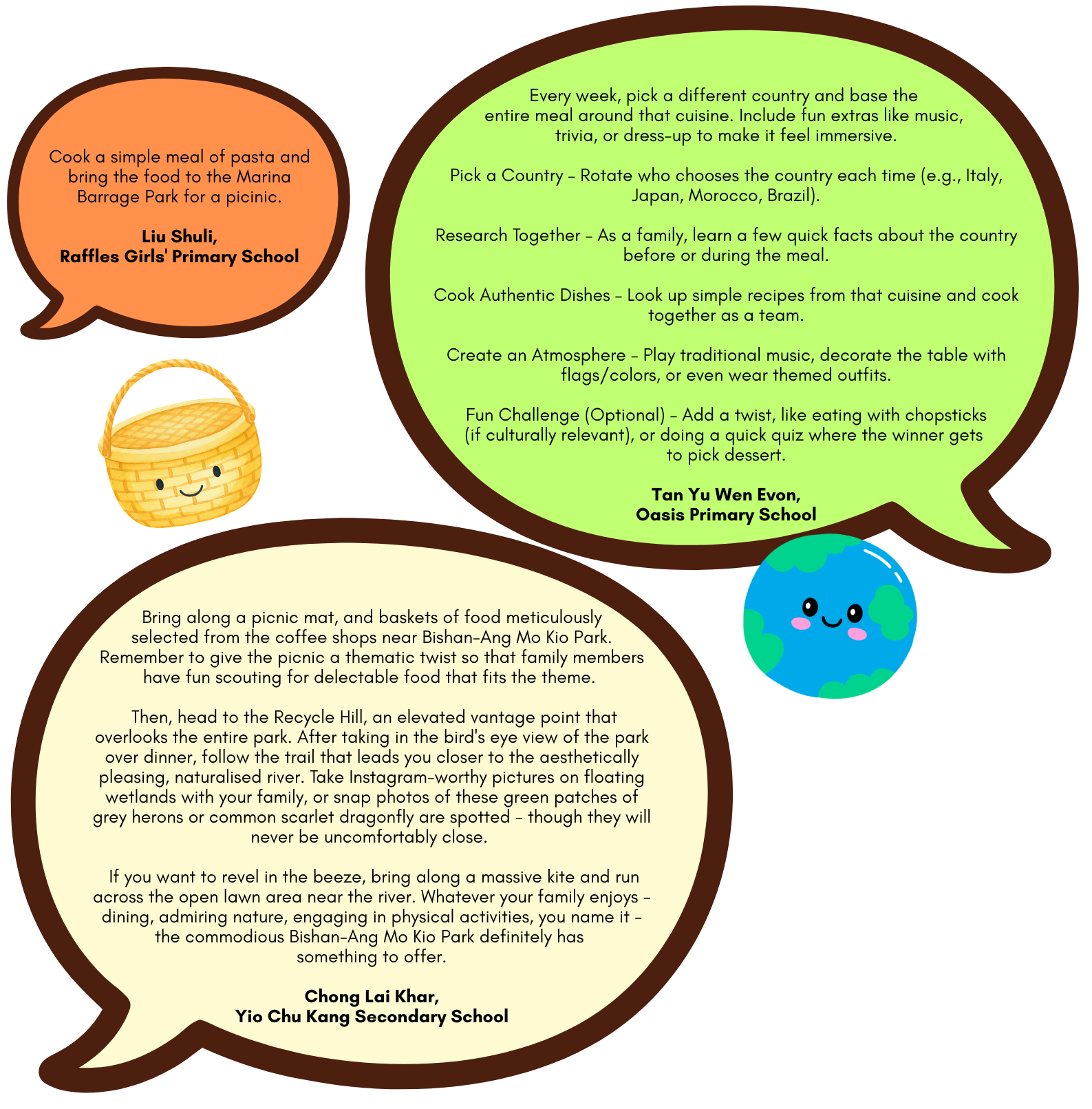 Three colorful speech bubbles with family activity tips from students, decorated with a cute basket and globe cartoon.