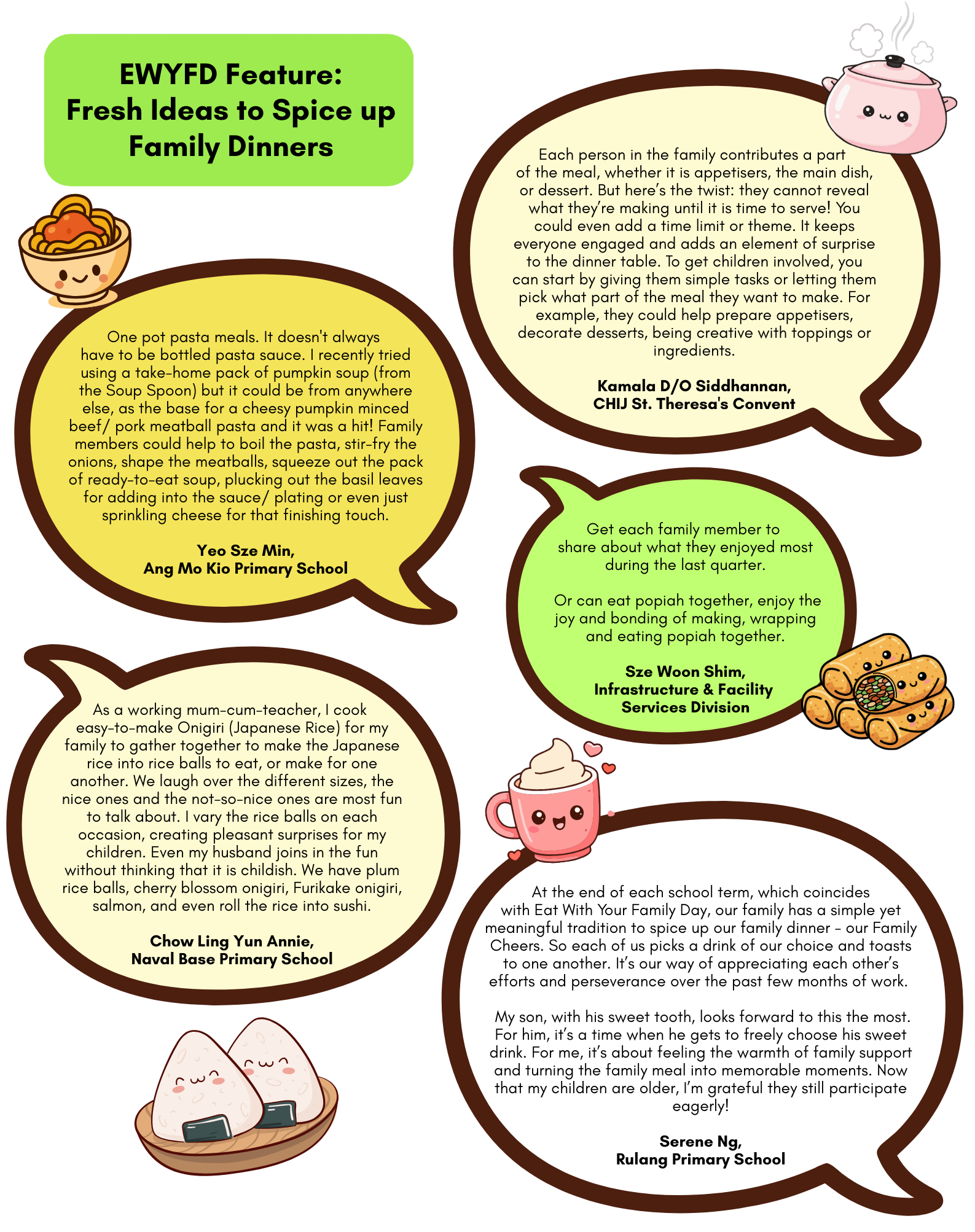 Flyer titled EWYFD Feature Fresh Ideas to Spice up Family Dinners with speech bubbles containing tips and cute food illustrations.