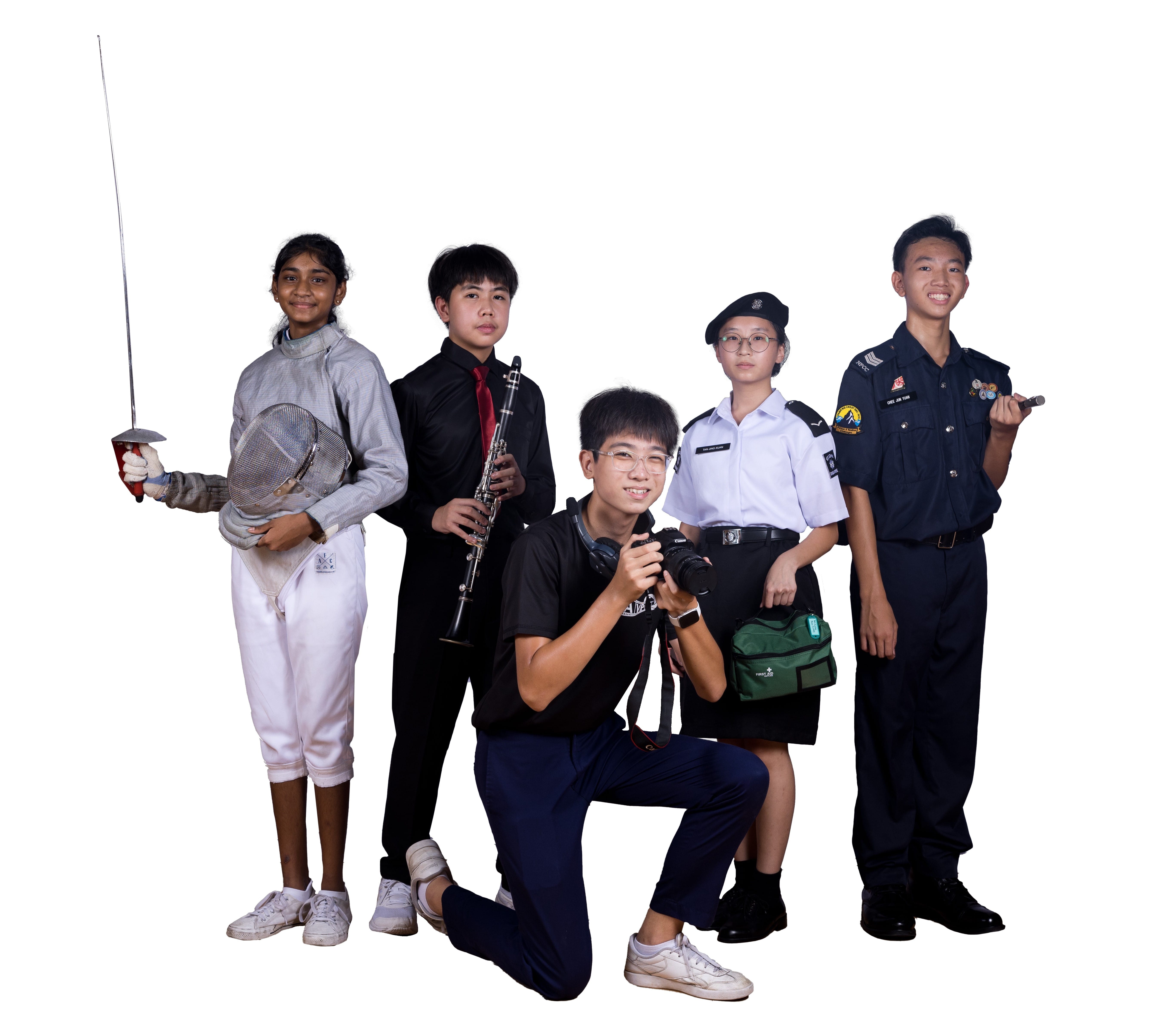 Five students posing with a fencing sword, clarinet, camera, military uniform, and navy uniform.