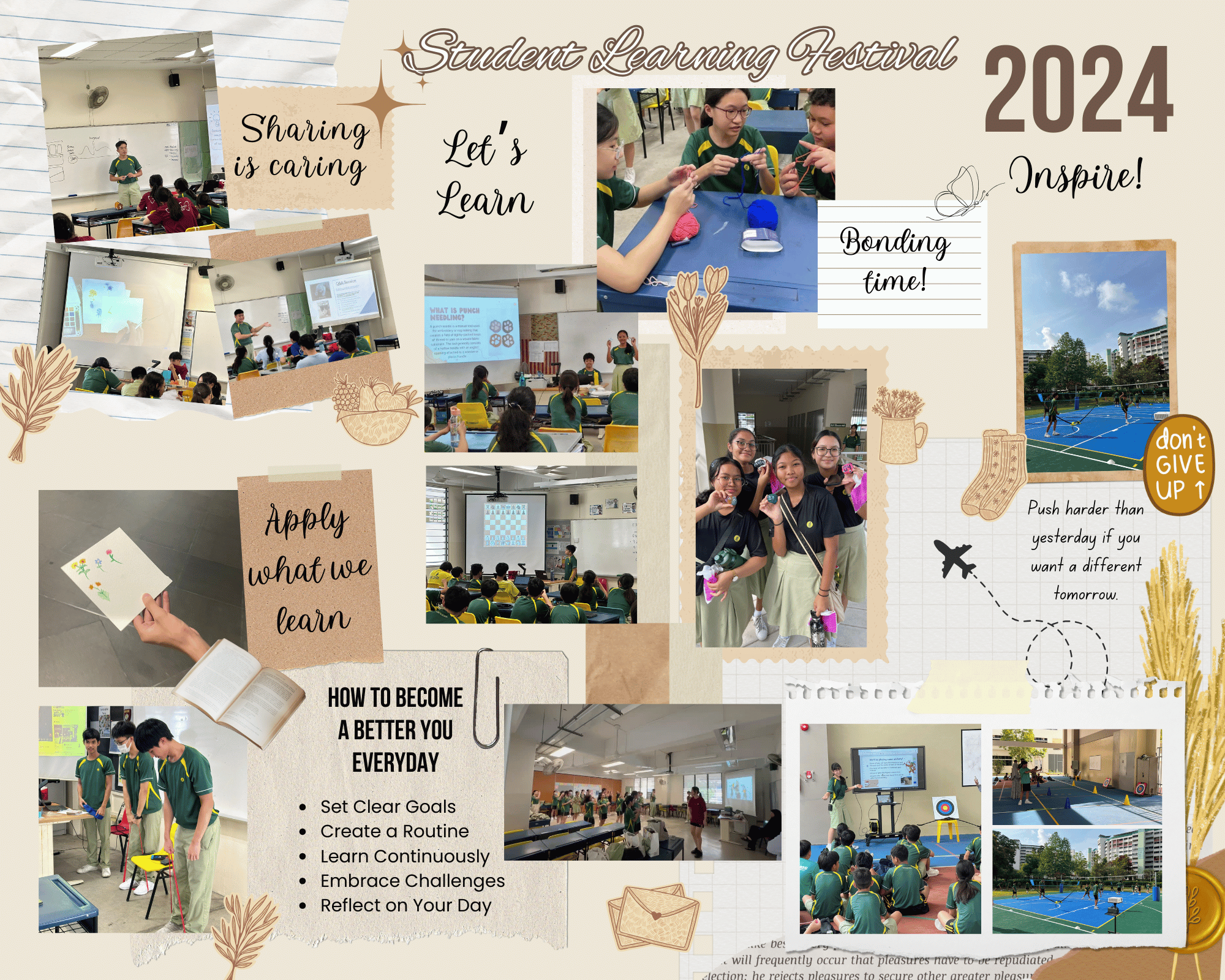 Collage of students in green uniforms at the 2024 Student Learning Festival with motivational text and classroom photos.